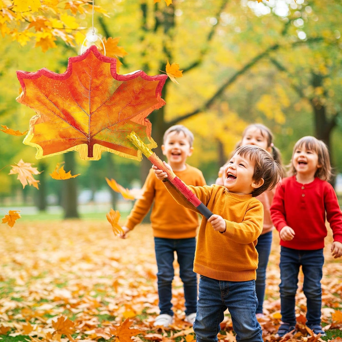 WERNNSAI Fall Leaf Pinata - Maple Leaf Pinata Thanksgiving Party Games for Kids Orange Autumn Hanging Leaves Decor Fall Festival Thanksgiving Family Party Favors with Blindfold