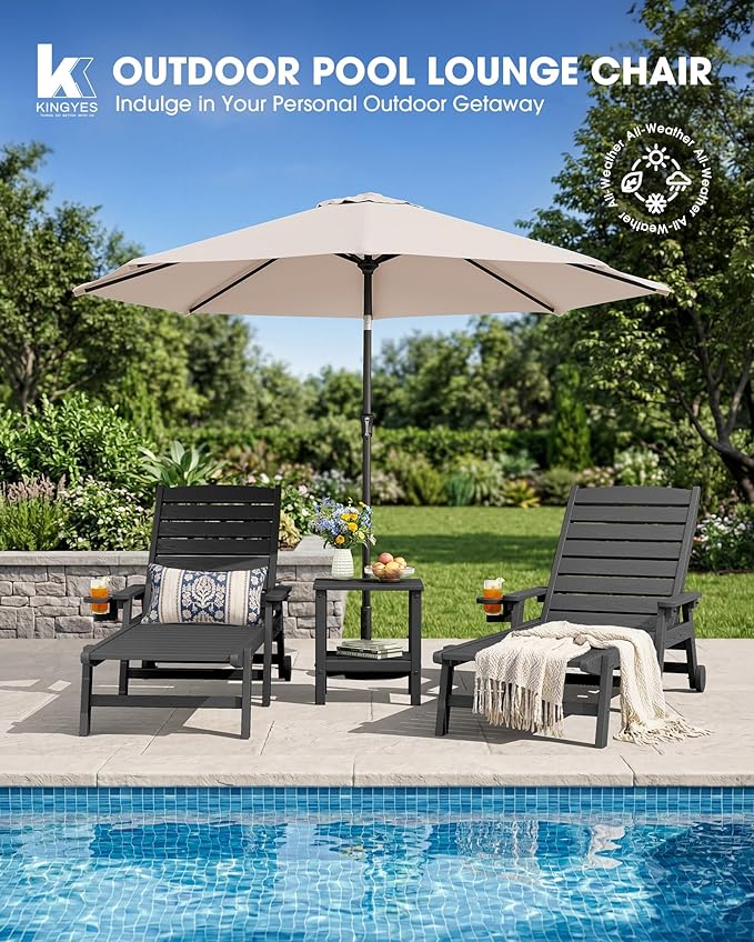 KINGYES HDPE Lounge Chair Outdoor Set of 2, Patio Chaise Lounge Recliner - Image 6