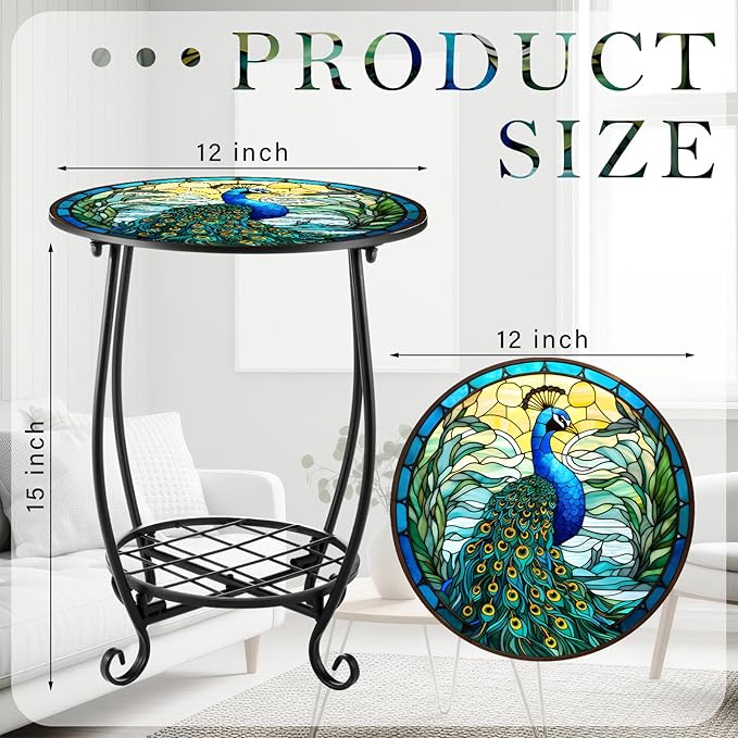 Cinnvoice Outdoor Side Table Round Small Mosaic Patio Accent Indoor End Plant - Image 3