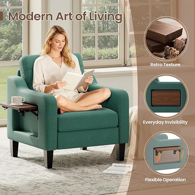 Accent Chair for Living Room Modern Linen Upholstered Armchair Side Wooden - Image 3