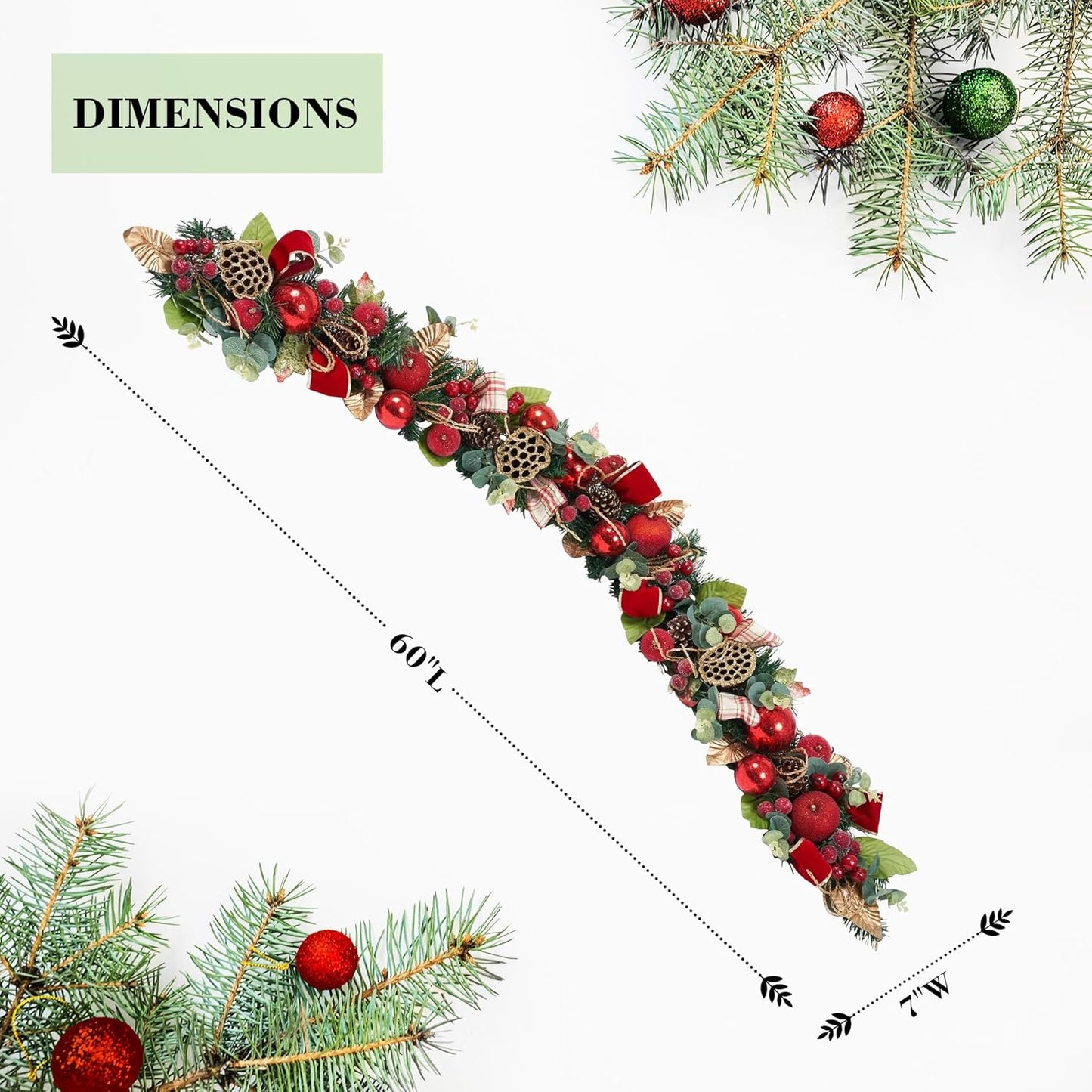 5 ft Christmas Garland for Mantle for Stairs Railing, Banister, Staircase, Fireplace, for Table No Light, Garland Decor Frosted Red Poinsettia Holiday Tree (Red Plain Lotus Pod Garland)