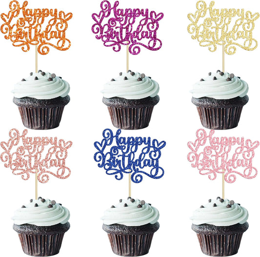 Gyufise 24Pcs Happy Birthday Cupcake Toppers Glitter Happy Birthday Cupcake Picks for Celebrating Happy Birthday Anniversary Theme Party Cake Decorations Supplies Orange Pink Blue
