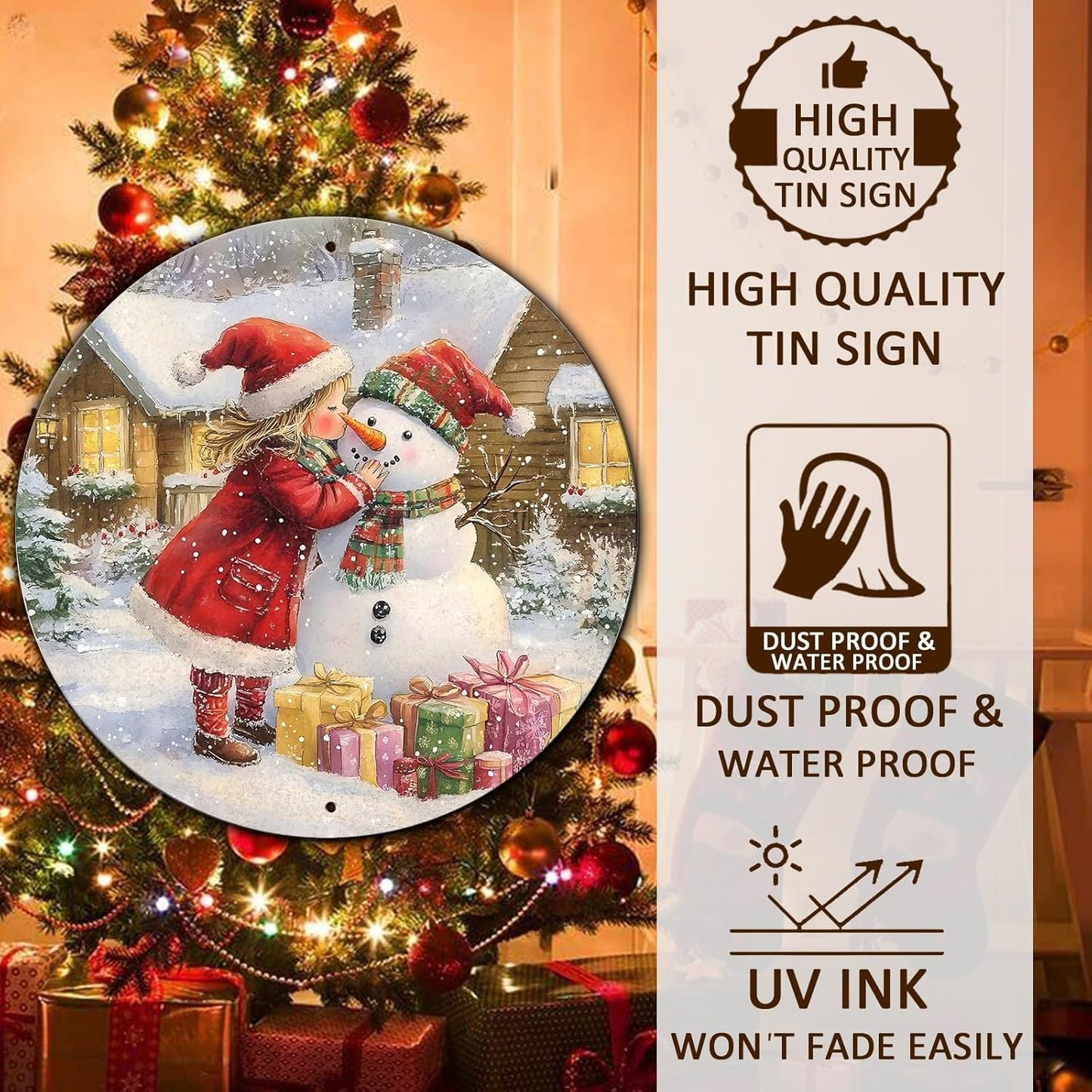 Round Wall Decor Metal Sign - Girl & Snowman Rustic Wall Plaque - Christmas Wreath Sign - 8*8 in