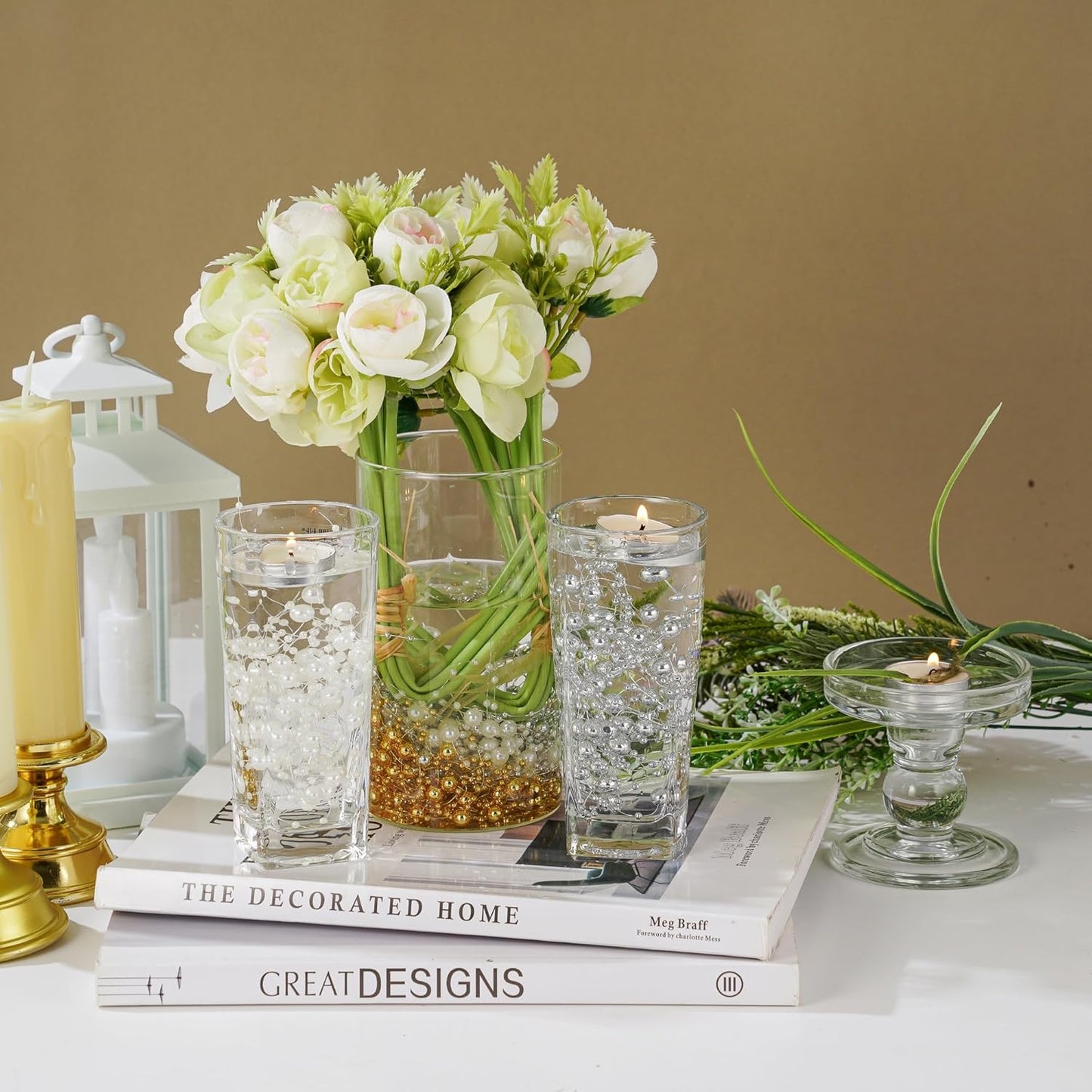 13Feet Pearl String Spool Roll for Floating Candles Faux Pearls Strands Garland for Vase Filler Wedding Centerpiece Christmas Table Decor (Ivory)