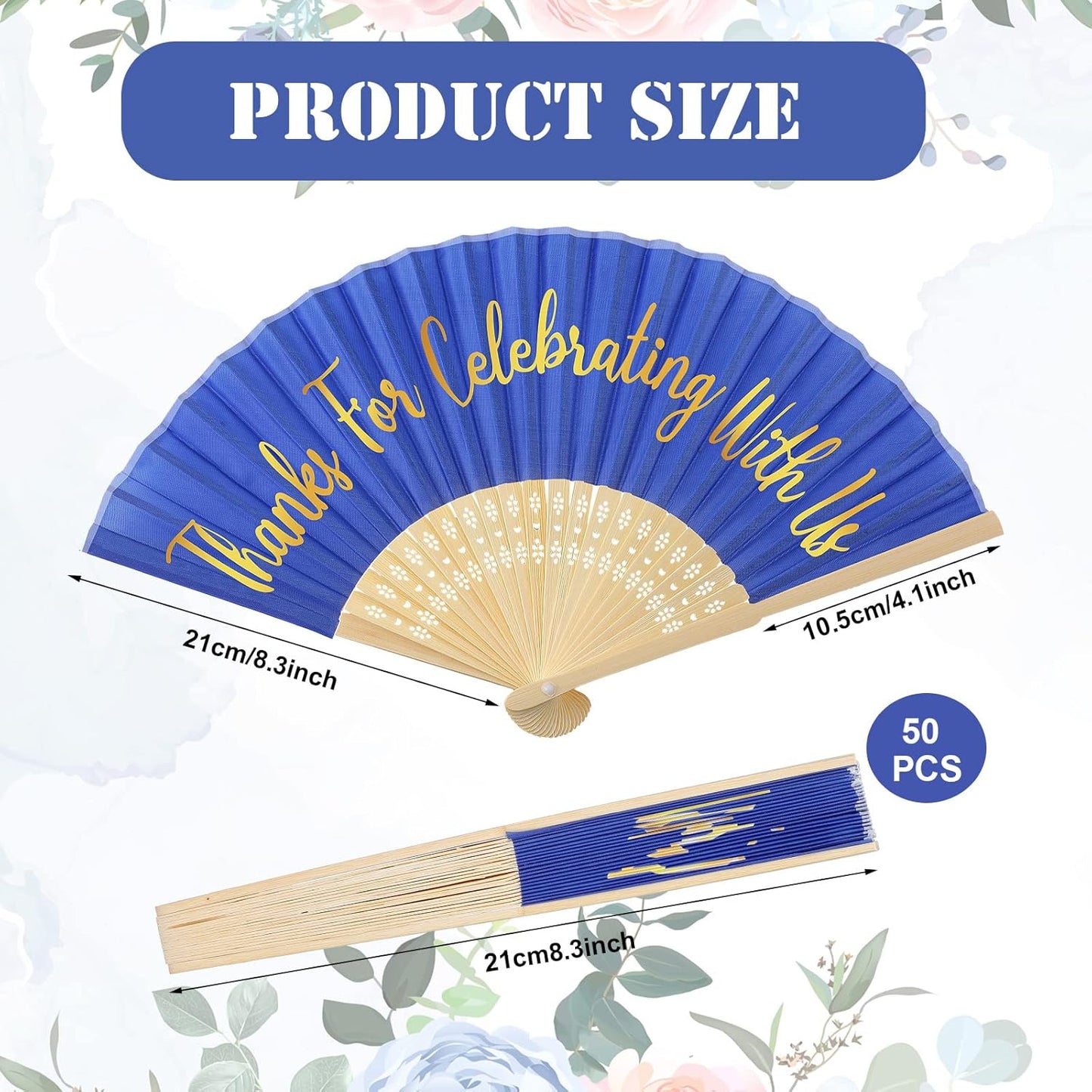 Jetec 50 Pcs Wedding Fans for Guests Bulk Silk Hand Fans Handheld Folded Thank You for Celebrating with Us Wedding Favors for Bridal Bridesmaid Baby Shower Dancing Party Church Gift(Royal Blue)