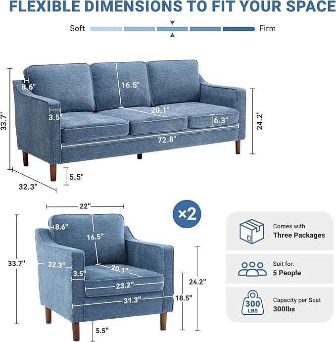 Kingfun Living Room Furniture Sets, 3 Seater Couch and 2 Armchair, Mid Century - Image 2
