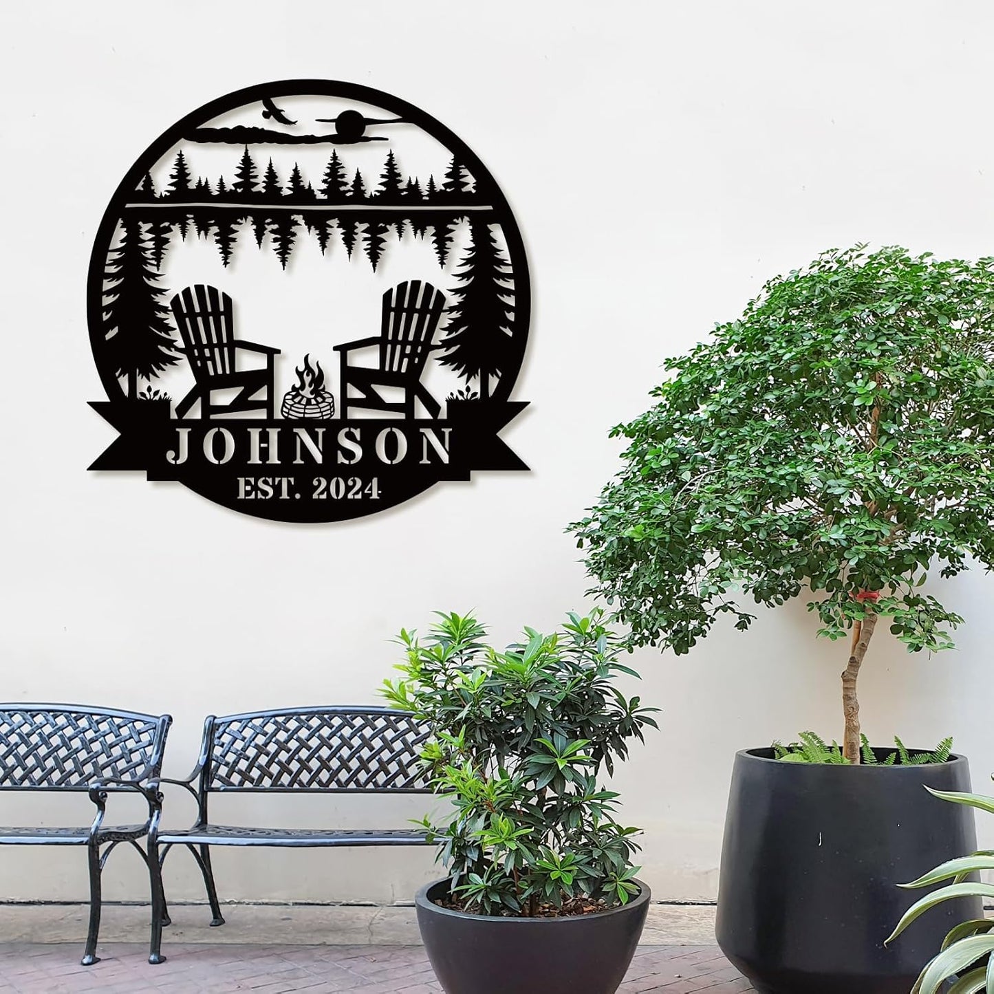 Custom Campfire Metal Name Sign, Campsite Custom Metal Family Name Sign, Campsite Monogram Forest, Personalized Camping Gifts Fire Pit Camper Lover Gift