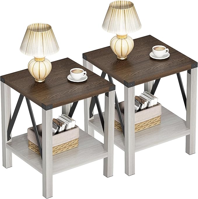 Treocho Farmhouse End Table Set of 2, Rustic Vintage Nightstand Side Table by Treocho