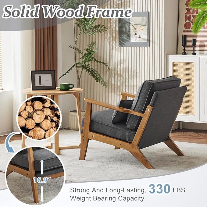 VINGLI Solid Wood Wide Armrests Accent Chair Set of 2, Upholstered Mid Century - Image 4