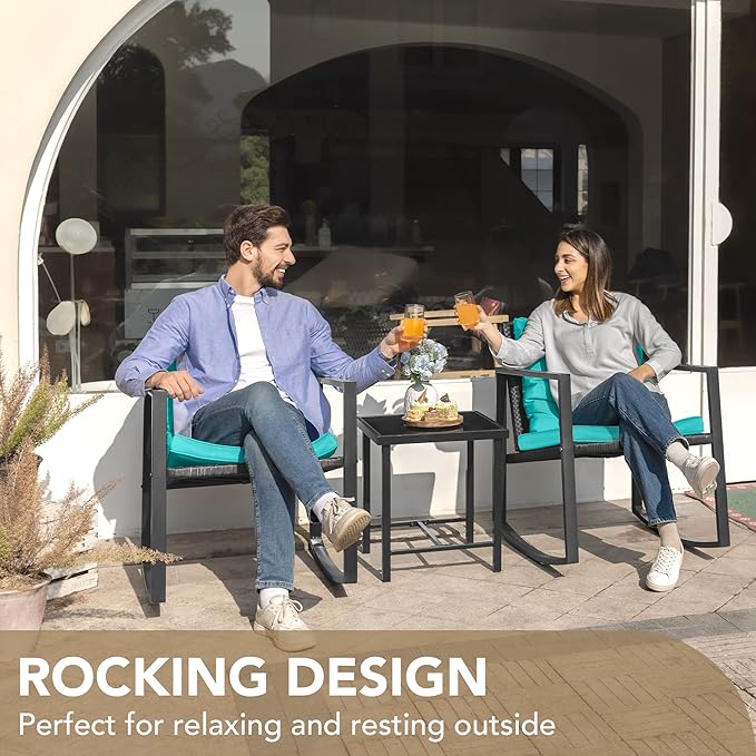 Devoko 3 Piece Rocking Bistro Set Wicker Patio Outdoor Furniture Porch Chairs - Image 6