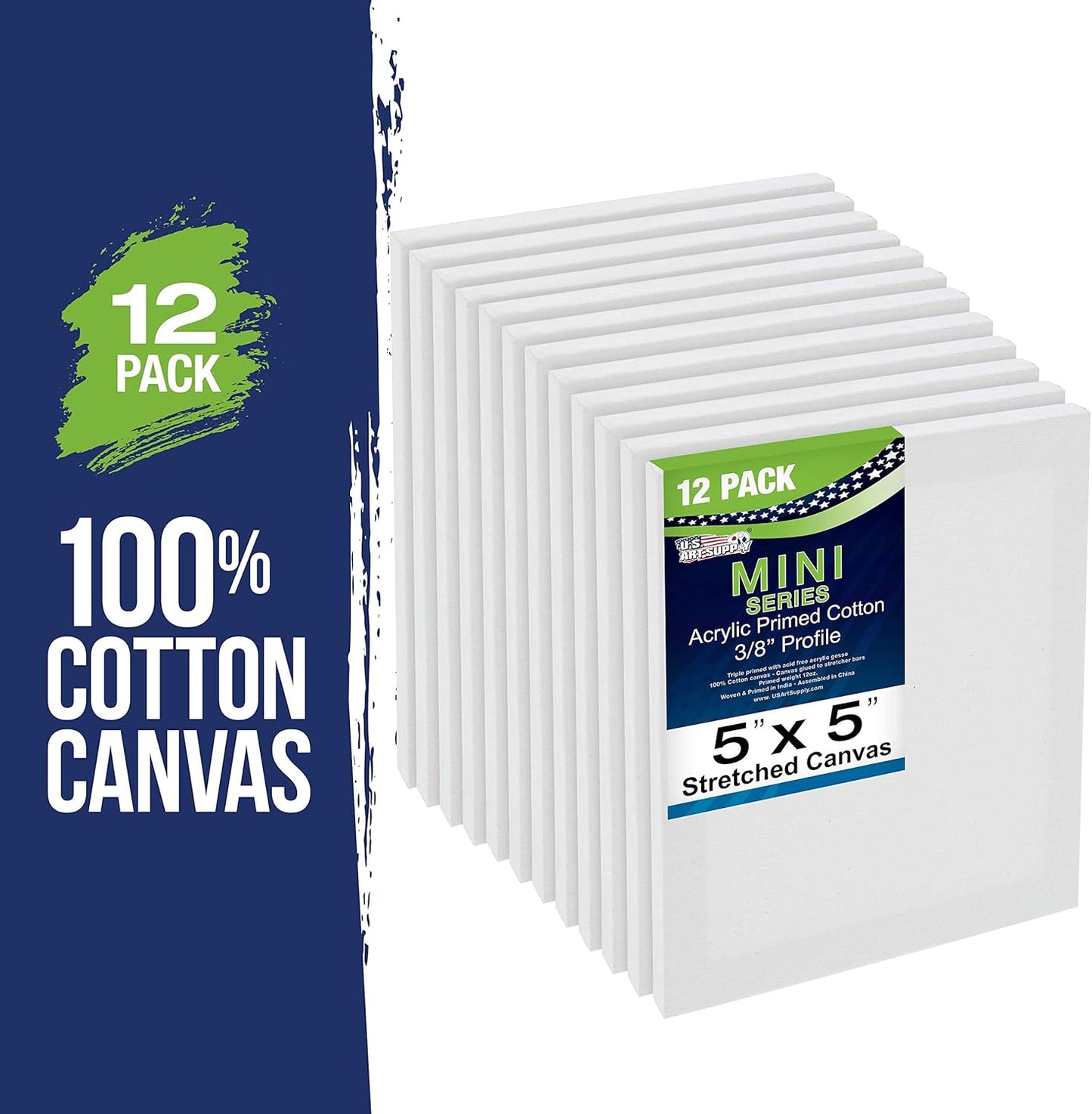 U.S. Art Supply 5" x 5" Stretched Canvas with 8" High Small Natural Wooden Easel (12 Pack), A-Frame Canvas Stand Tripod, Small Painting Easels - Tabletop Easel for Painting, Canvases, Student Crafts