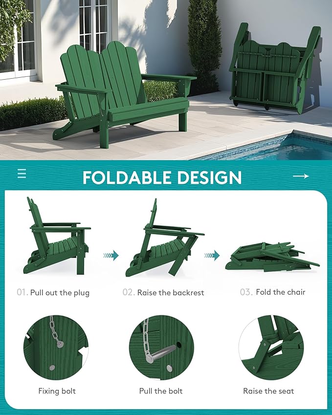 SERWALL Folding Adirondack Bench, HDPE All-Weather Adirondack Loveseat Set of 2 - Image 4