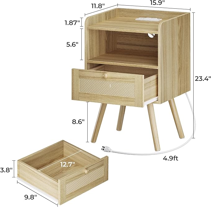 SUPERJARE Nightstand with Charging Station & Rattan-Like Decor Drawer, Rattan - Image 3