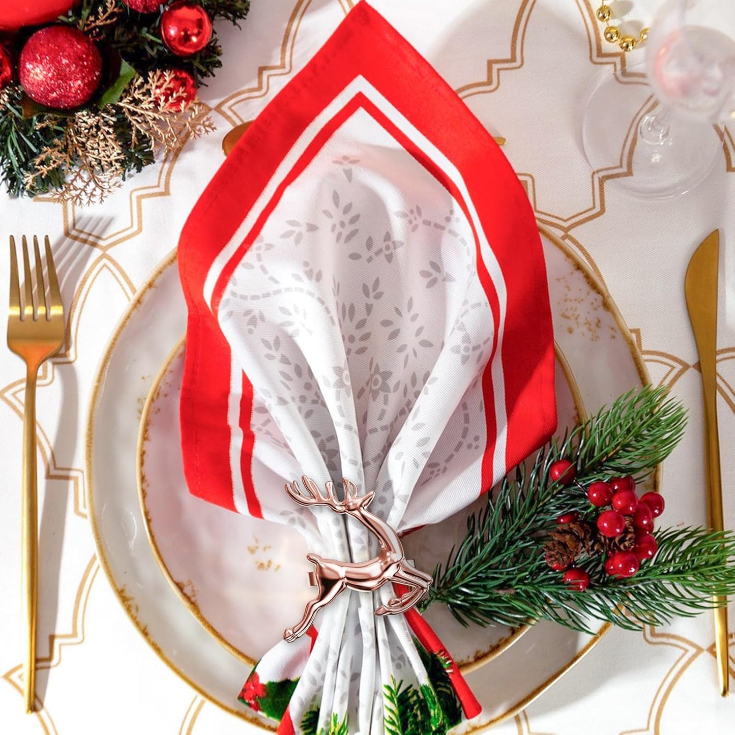 ZeeDix Set of 6 Rose Gold Elk Chic Napkin Rings for Christmas Dinning Table Setting-Wedding Receptions, Christmas, Thanksgiving and Home Kitchen for Casual or Formal