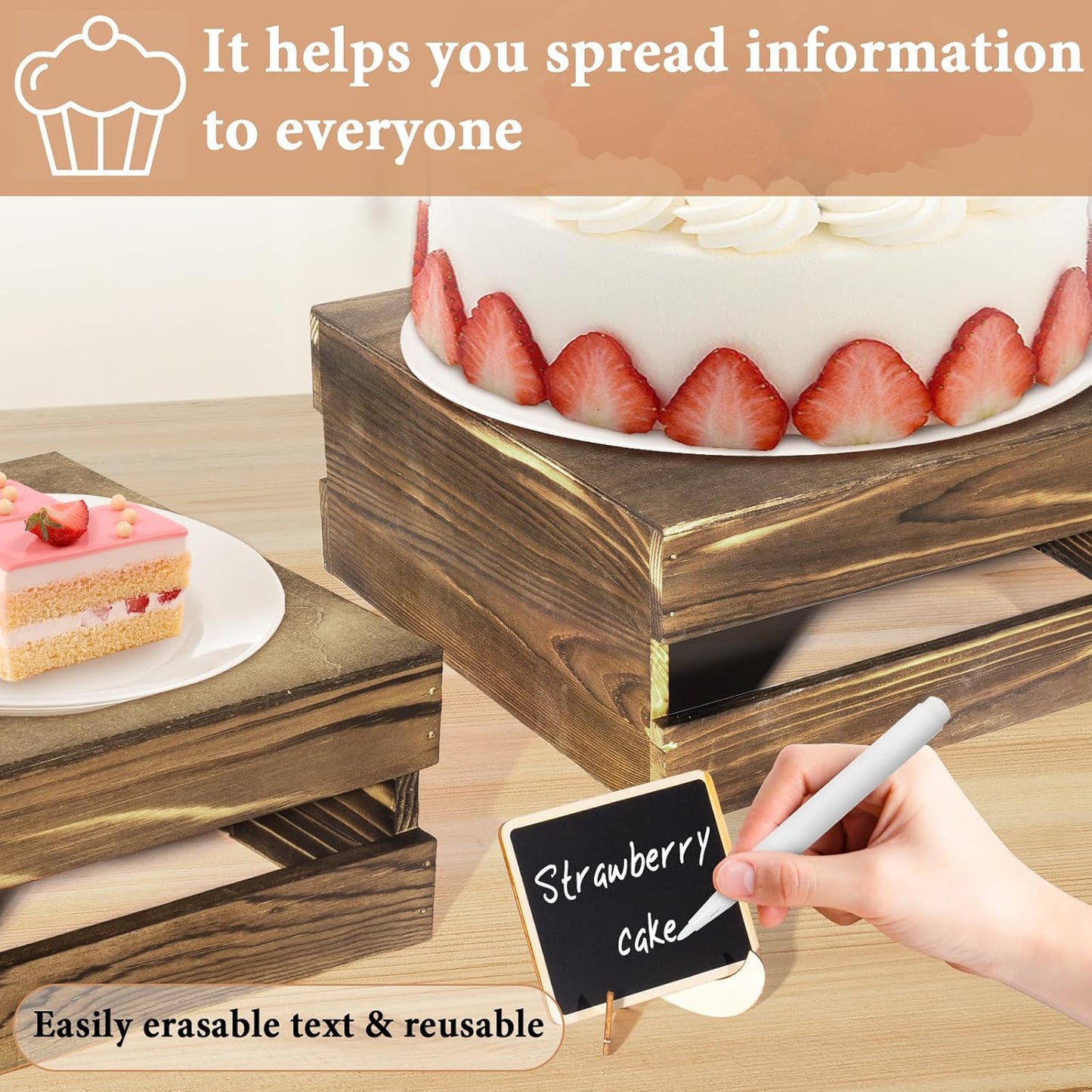 8 Pcs Buffet Risers with Mini Signs, Rustic Wood Cake Stands, Food Risers for Buffet Table, Dessert Display Stand, Wood Crates, Rustic Cake Stand for Party, Wedding, Birthday, Baby Shower, 4 Sizes