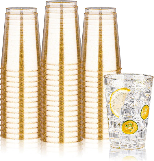 BESTVIP 12oz Gold Glitter Disposable Cups, 100 Pack Gold Plastic Cups, Heavy-duty Party Cocktail Glasses for Christmas, Thanksgiving, Plastic Cups for Party, Holiday, Wedding and Birthday