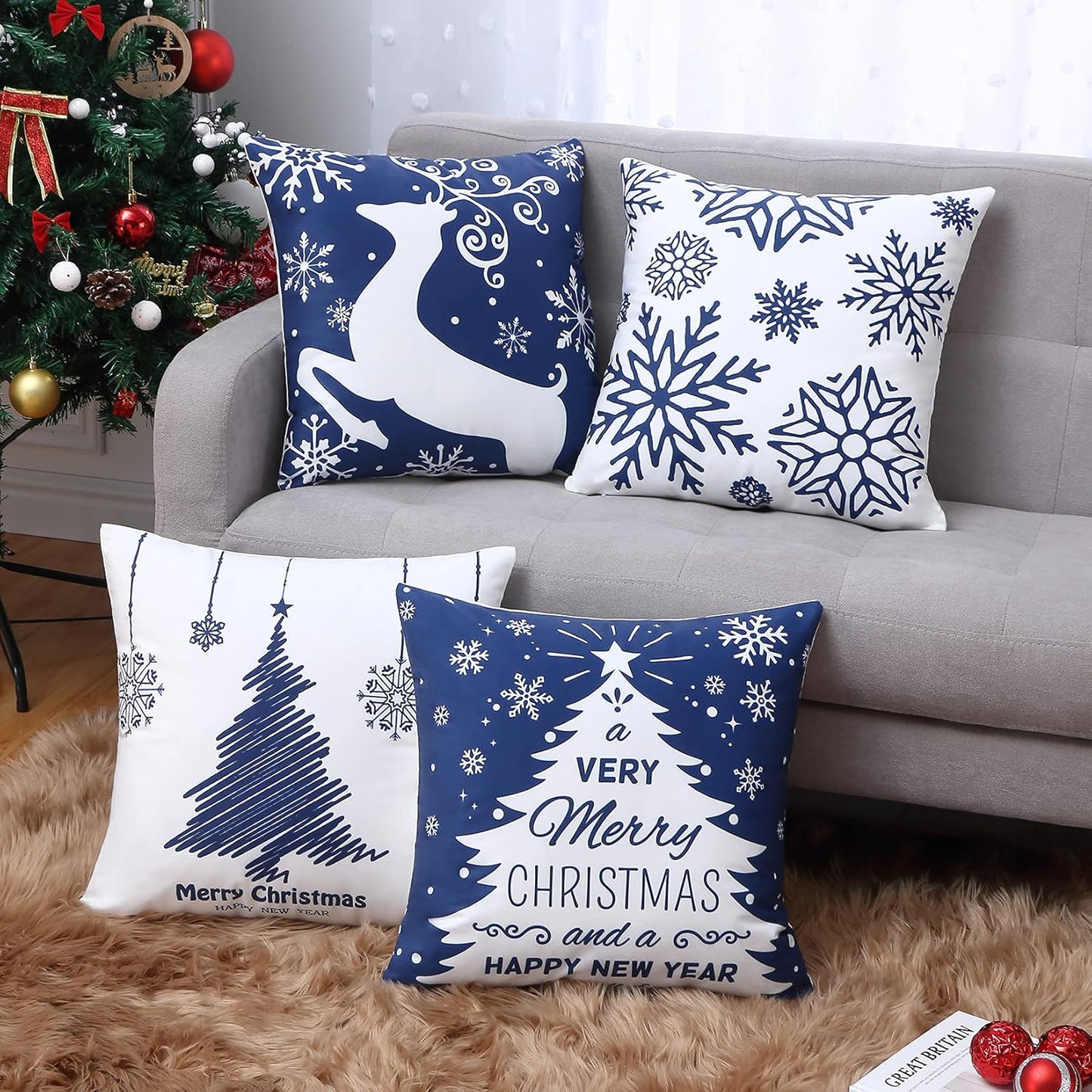 Christmas Pillow Covers 20X20 Set of 4 Navy Blue white Christmas Decorations Merry Christmas Snowflake Throw Pillow Covers Deer Xmas Tree Decor