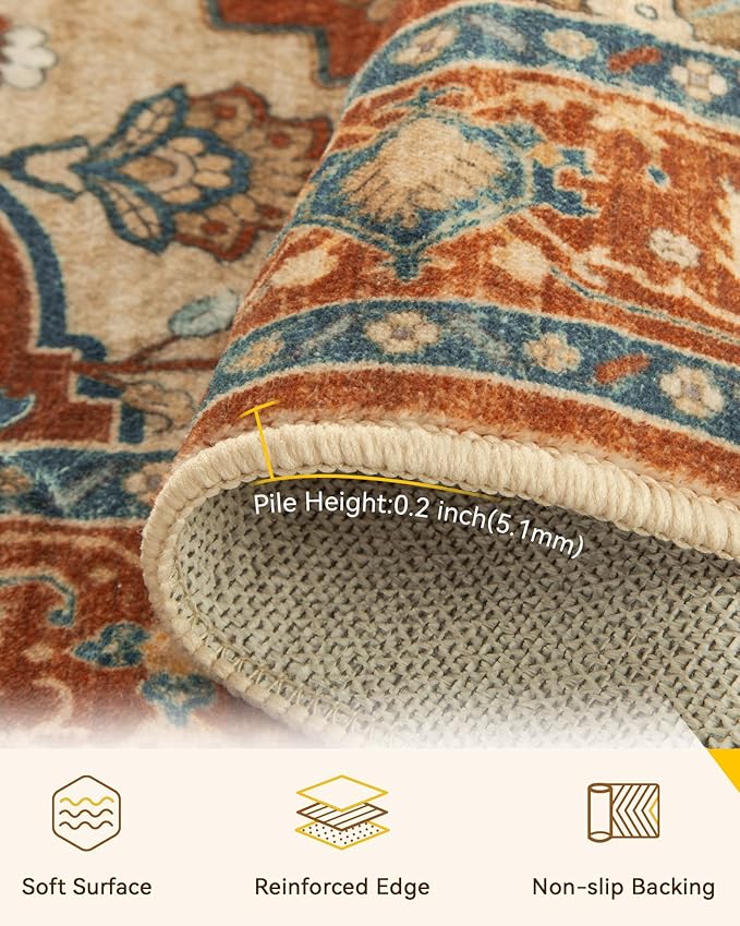 RELEANY Area Rugs Round 8ft Washable Non-Slip, Floral Vintage Distress Print - Image 4