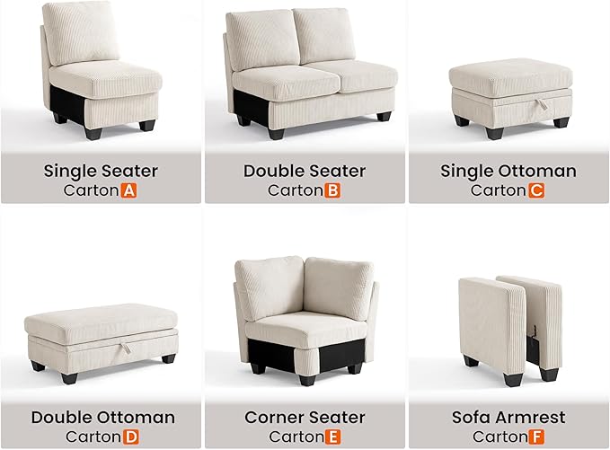 CHIC HOUSE Middle Module for Modular Couch, Corduroy Customizable Chaise - Image 3