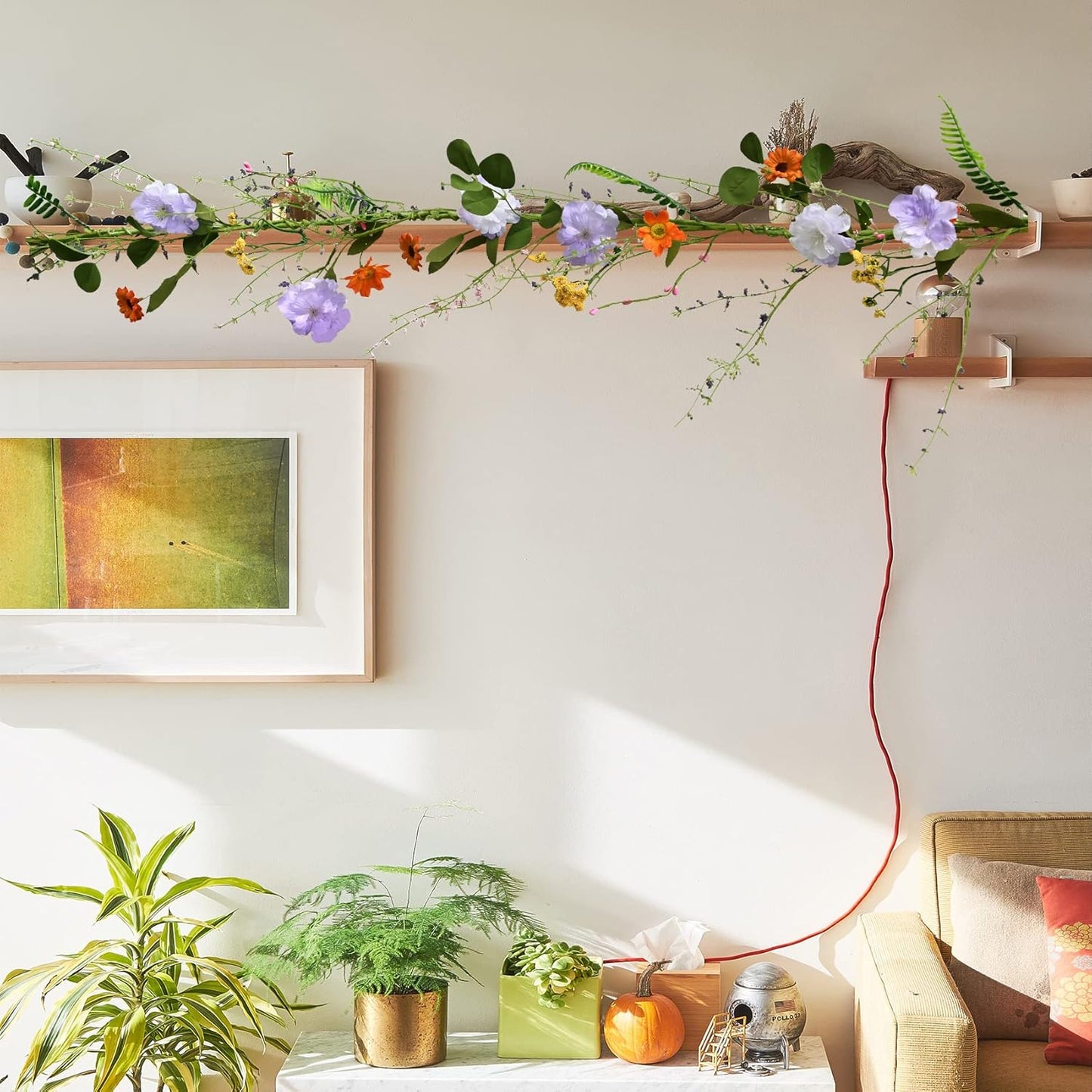 2PCS Artificial Daisy Garland, 6FT Faux Flower Hanging Vine, Purple Flowers Ivy, Spring Garland with Eucalyptus Boston Fern Vine for Sign Board Party Home Decor