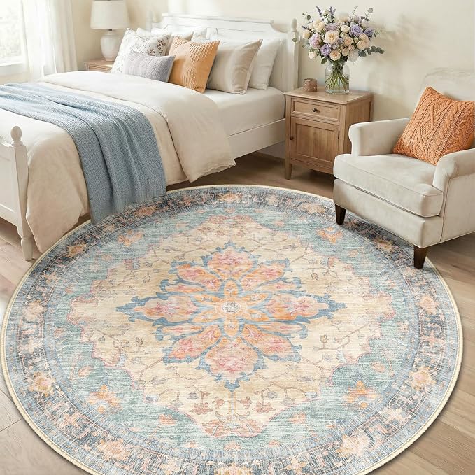 RELEANY Area Rugs Round 6ft Washable Non-Slip, Floral Vintage Distress Print - Image 3