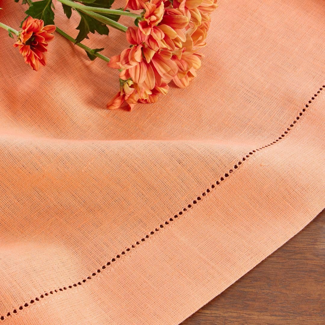 Solino Home Linen Tablecloth for Rectangle Tables 60 x 120 Inch - Classic Hemstitch 100% Pure Linen Coral Table Cloth - Machine Washable Cloth Tablecloth