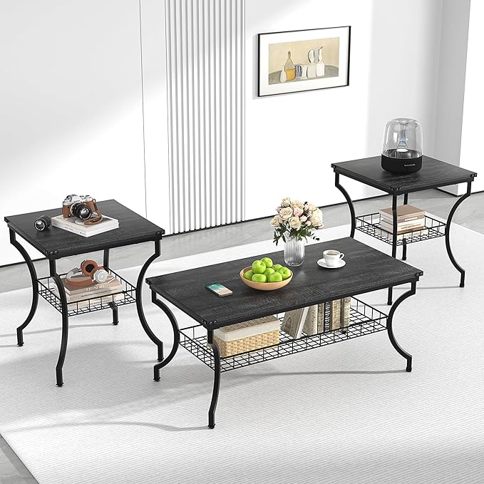 VECELO 3 Pieces Living Room Table Sets, Coffee and End Tables by VECELO