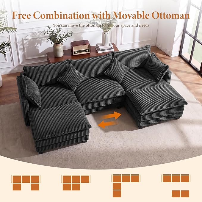 Vesgantti 109" U Shaped Cloud Sectional Sofa, Comfy Corduroy Upholstered - Image 7