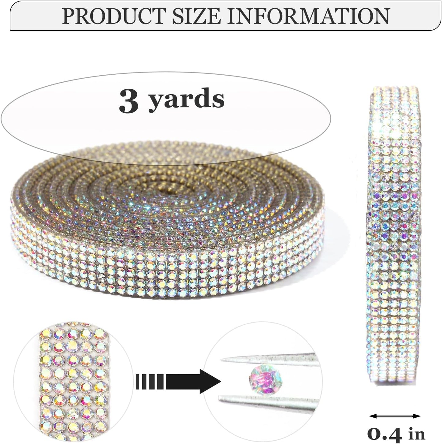 Rhinestone Ribbon 3 Yards Self Adhesive Rhinestone Strips Diamond Ribbon Sticker Crystal Roll Glitter Bling 2mm Rhinestones Tape for Crafting DIY Art Decoration (Silver AB,0.4 Inch)