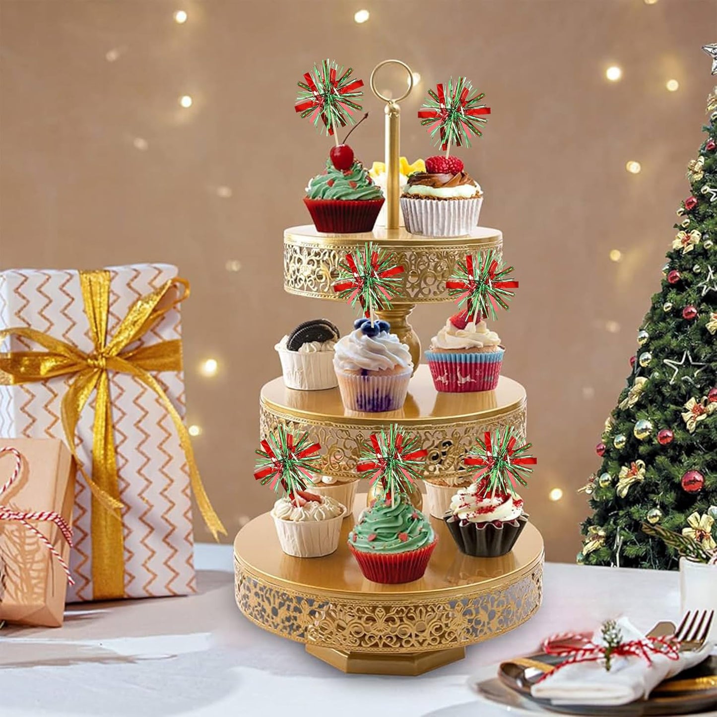 Gyufise 20Pcs Foil Firework Cupcake Toppers Happy Birthday Cake Toppers Tinsel Flower Drink Stirrers Cocktail Food Fruit Toothpicks for Valentine's Day Party Birthday Wedding Supplies Green Red