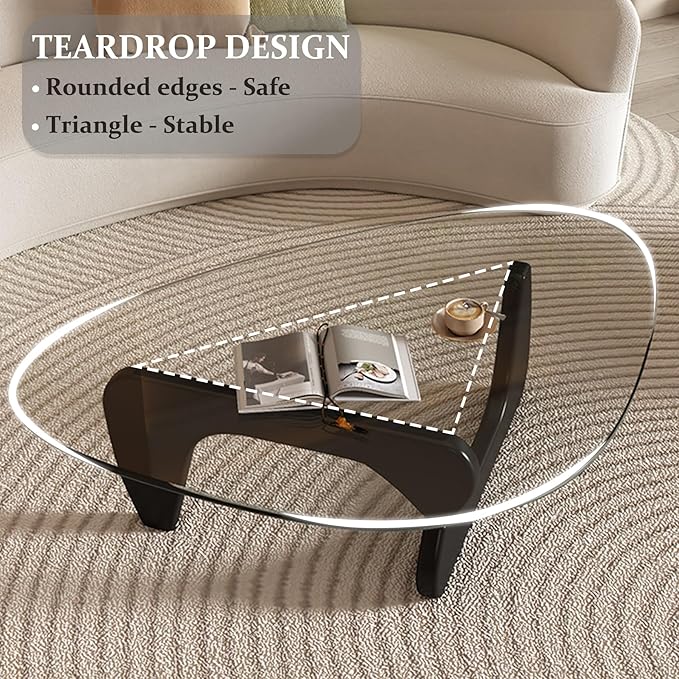Mid-Century Modern Coffee Table, Tempered Glass Top & Natural Wood Base - Image 5