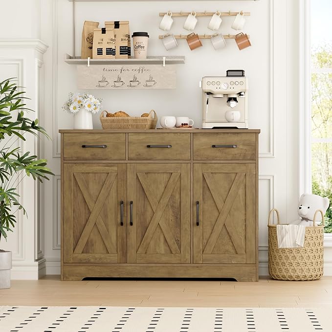 HOSTACK Modern Farmhouse Buffet Sideboard Cabinet, Barn Doors Storage Cabinet - Image 4