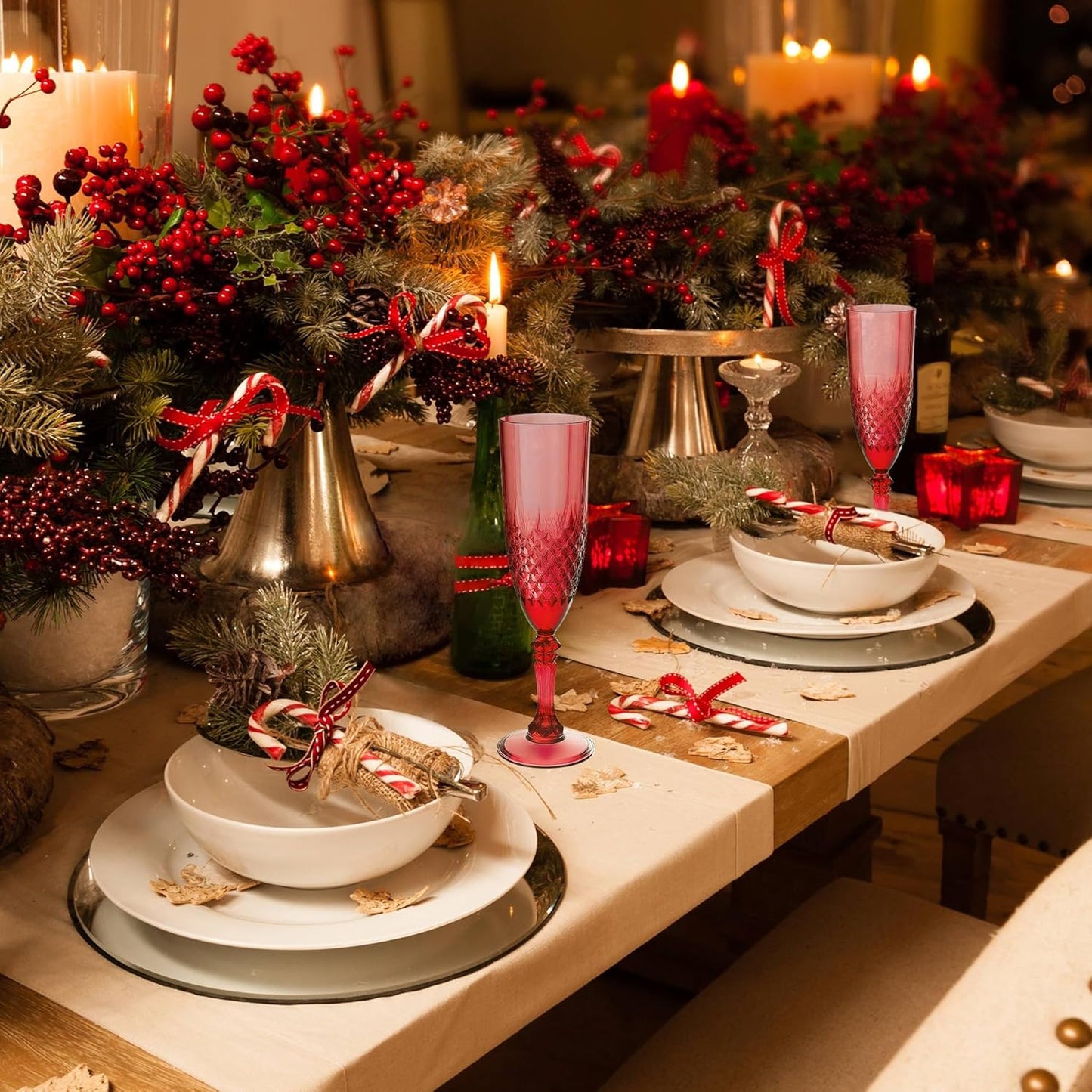 Plastic Champagne Flutes, 24PCS Dark Red Wine Glasses Goblets Cups Reusable Flute, for Christmas Weddings Christmas Bachelor Parties Toasting and Events(24, Dark Red)