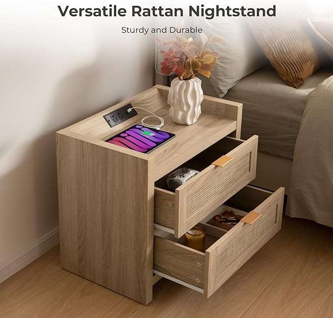 SICOTAS Rattan Nightstands Set of 2 Bedside Table - Image 7