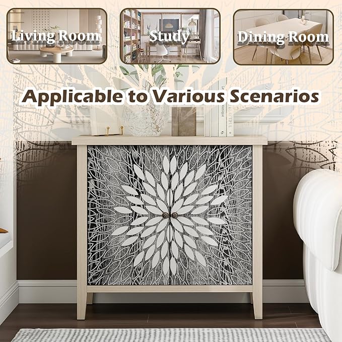 Black Accent Furniture, 32 Inch Wide 2-Door Carved Geometric Sideboard Buffet - Image 5