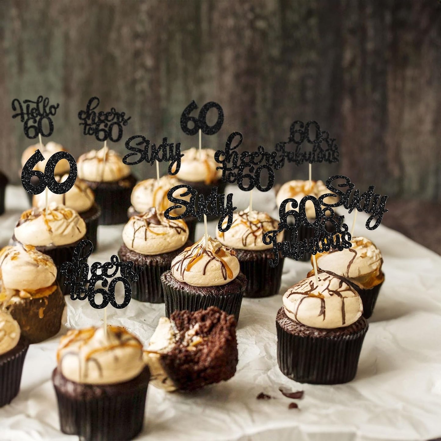 30Pcs Happy 60th Birthday Cupcake Toppers Black Glitter Sixty Cake Toppers Cheers to 60 Years Old Birthday Cupcake Picks for 60th Birthday Anniversary Party Cake Decorations Supplies
