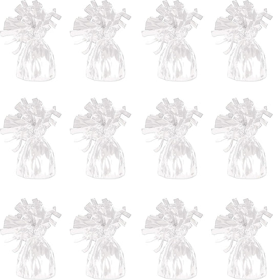 ROYALHOUSE Metallic Plastic Wrapped Balloon Weights for Party Decorations, 12 Pcs (White)
