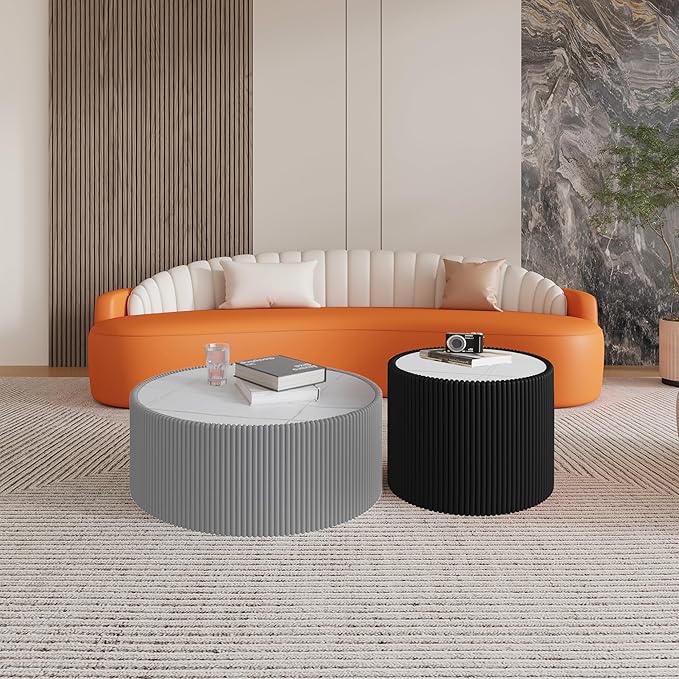 29.52" Round Marble Coffee Table, Modern Fluted Coffee Table w/White Sintered - Image 6