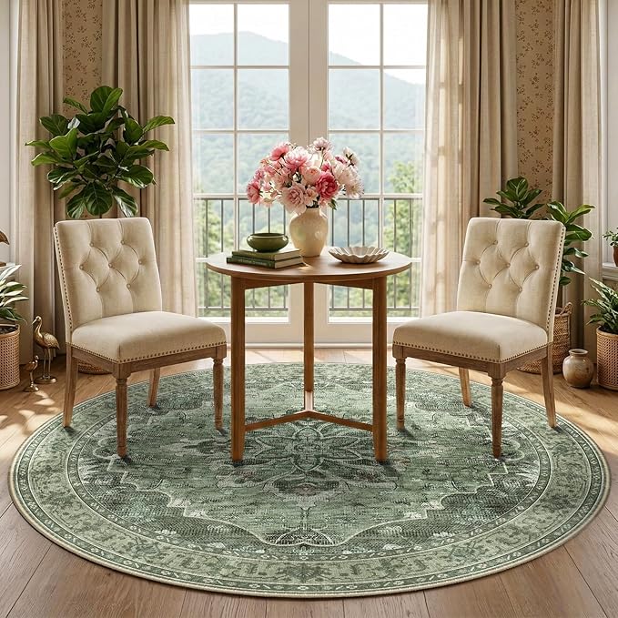 RELEANY Area Rugs Round 5ft Washable Non-Slip, Floral Vintage Distress Print - Image 2