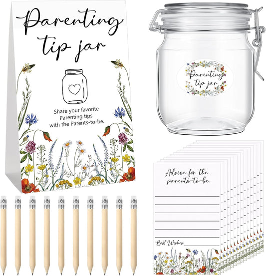Roowest Baby Shower to Baby Advice Cards for New Parents to Be - Tip Jar Sign for New Parents 60 Parenting Advice Cards 10 HB Pencils 2 Cute Stickers 1 Pet Bottle for Guests Games(Wild Flower)