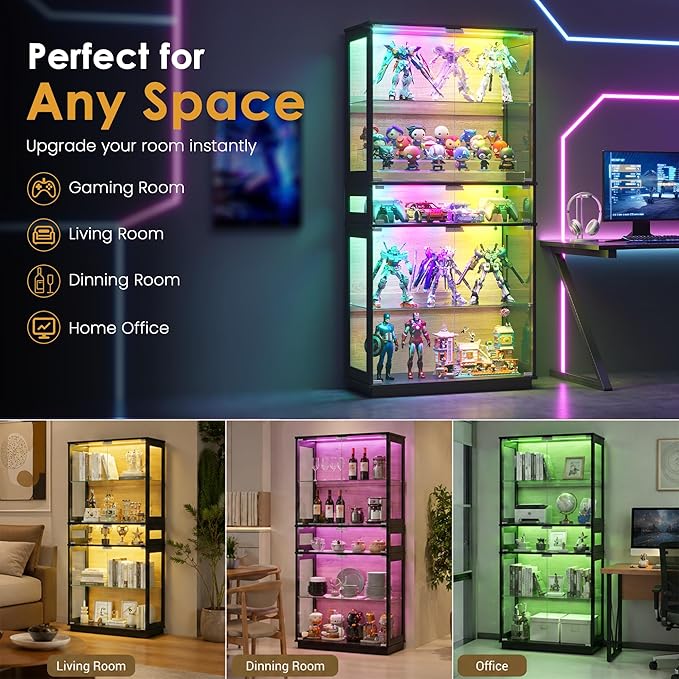 RGB Glass Display Cabinet, 5-Tier Lighted Display Case - Image 7