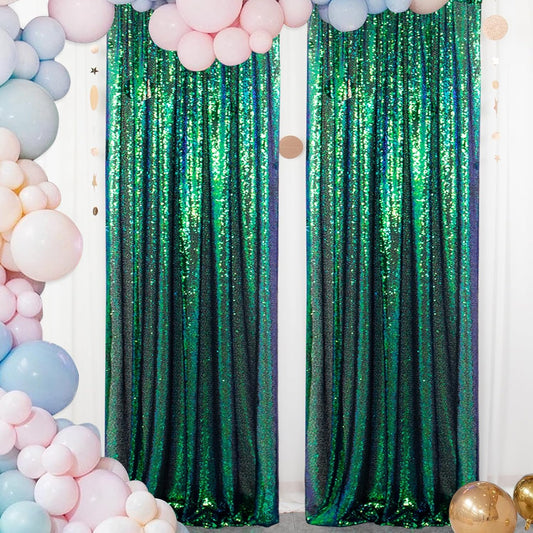 ShinyBeauty Iridescent Green Sequin Backdrop Curtain 5FTx10FT 2 Panels - Perfect for Party, Wedding & Christmas Decorations | Sparkly & Durable Photo Studio Backdrop Backgrounds