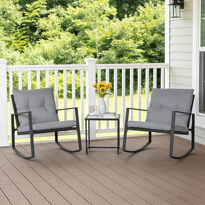 SUNCROWN 3 Piece Outdoor Rocking Bistro Set Black Wicker Furniture Porch Chairs - Image 4