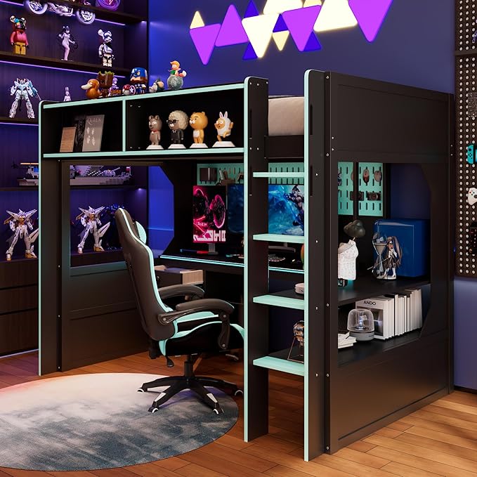 Modern Gaming Loft Bed with Built-in Desk, LED Lighting & Charging Hub –Twin - Image 4