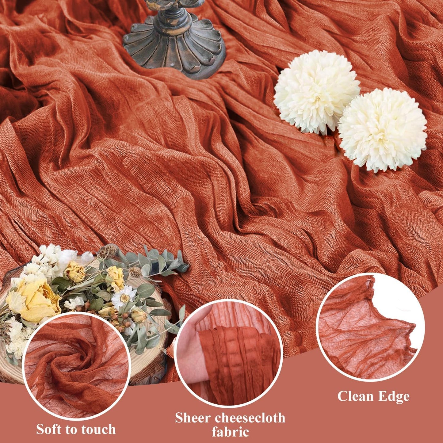 Asee'm 2pcs Cheesecloth Table Runner 120 Inches Long Terracotta Boho Gauze Cheese Cloth Runner 10FT Rustic Sheer Fall Table Runners for Thanksgiving Christmas Wedding Party Baby Shower Decoration