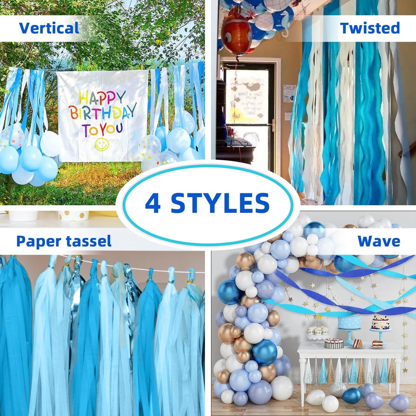 Crepe Paper Streamers 8 Rolls 656ft, Pack of Blue, Pastel Blue, Royal Blue, White Party Streamers, Crepe Paper for Birthday Party Wedding Baby Bridal Shower Decorations (1.8 Inch x 82Ft/Roll)