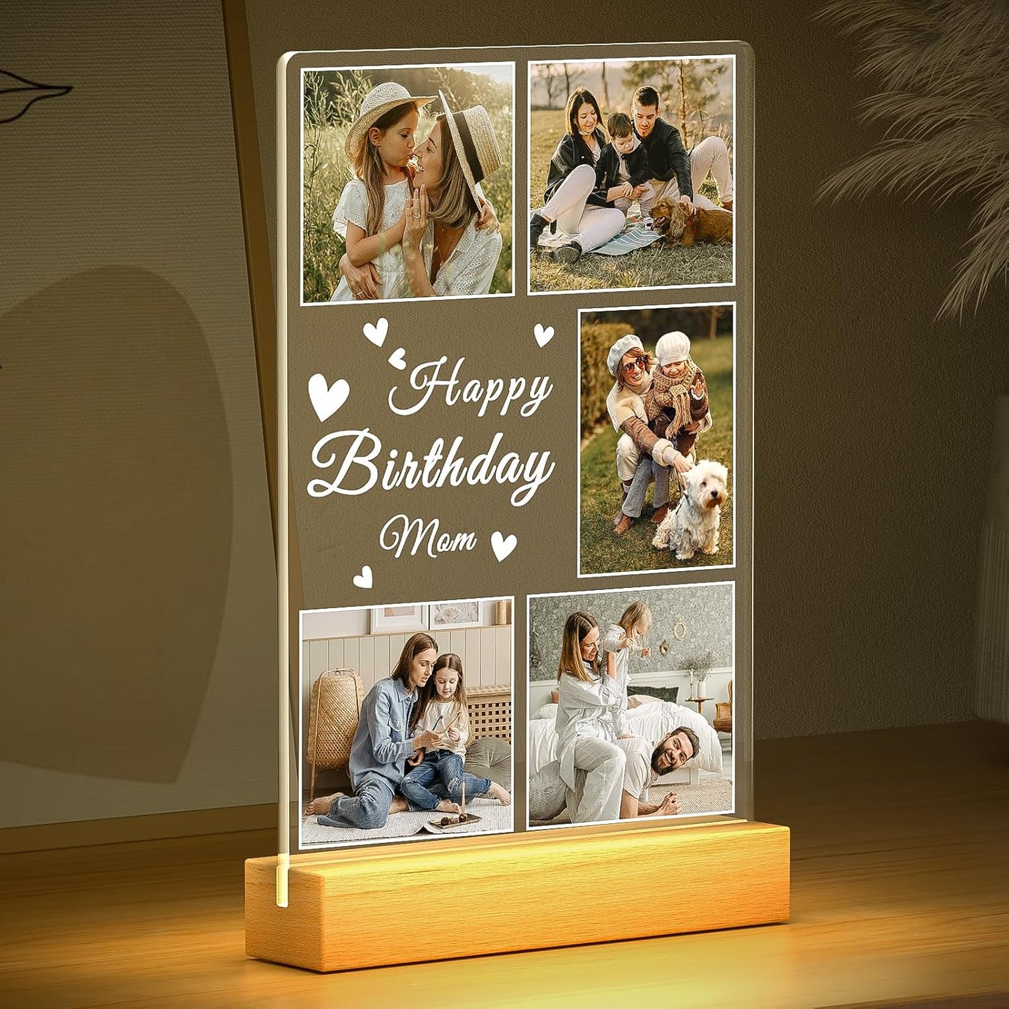 Personalized Birthday Gifts for Mom from Daughter Son, Custom Collage Picture Frames with Night Light, Customized Acrylic Plaque Photo Frame, Personalized Photo Gifts for Mom, Baby, Kids, Family