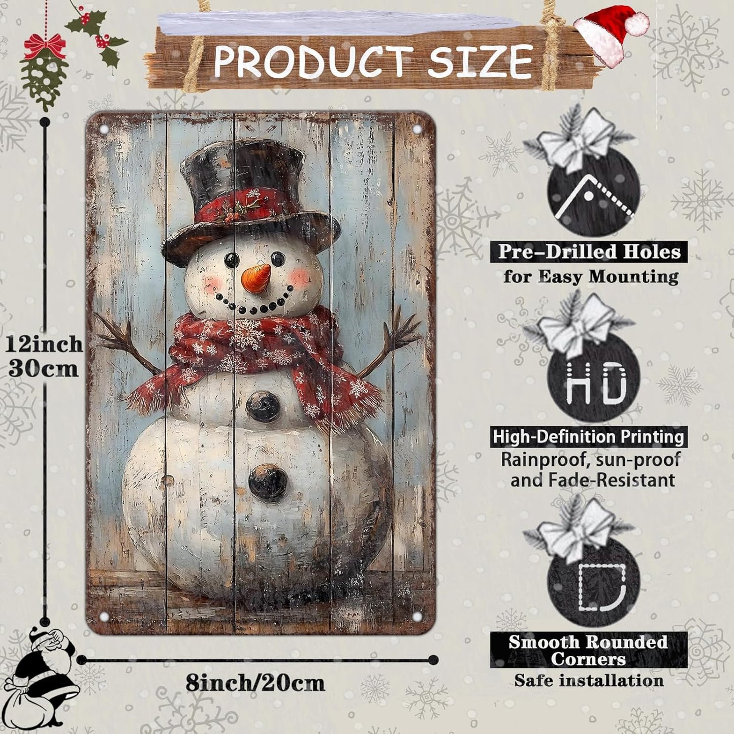 Vintage Christmas Metal Tin Sign Snowman Retro Wall Decor Christmas Tin Sign for Winter Outdoor 8x12Inch