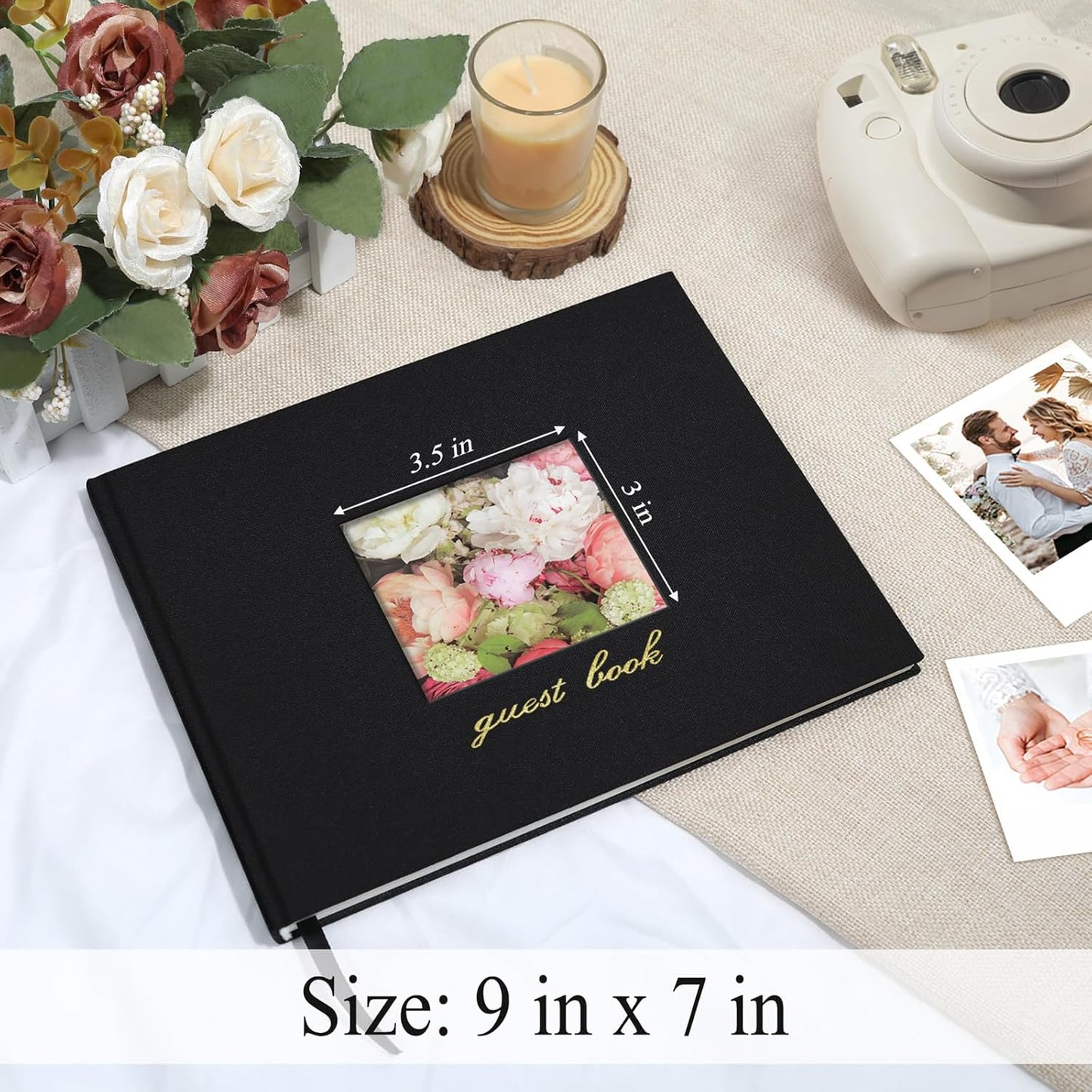 SUNEE Wedding Guest Book - Polaroid Guest Book Weddings Reception, Linen Cover 7" x 9" Guest Book for Baby Shower, Birthdays and Special Events, 100 Blank Pages for Wedding Sign in and Photos, Black
