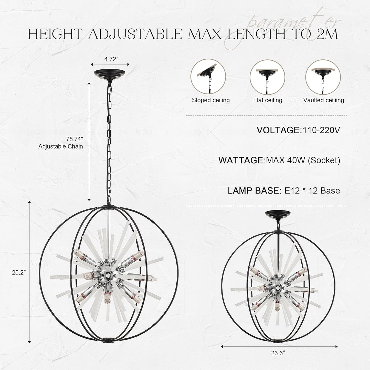 23.6" Black Chrome 12-Light Globe Sputnik Chandelier Modern Adjustable Hanging Ceiling Glass Tube Pendant Light Fixture for Entryway Foyer Staircase Dining Living Room Hallway